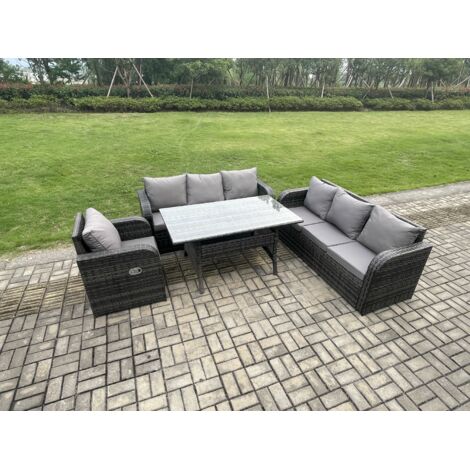 Fimous 7 places Ensemble de canapés de jardin en rotin Table à manger rectangulaire avec Fauteuil Gris foncé mélangé