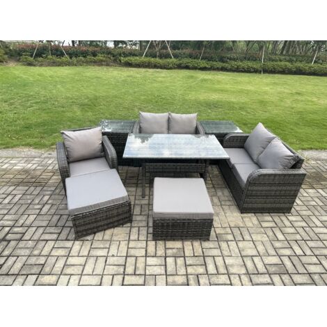 Fimous 7 places Ensemble de canapés de jardin en rotin Table à manger rectangulaire avec Fauteuils 2 Grands Tabourets 2 Tables d'appoint Gris foncé mélangé