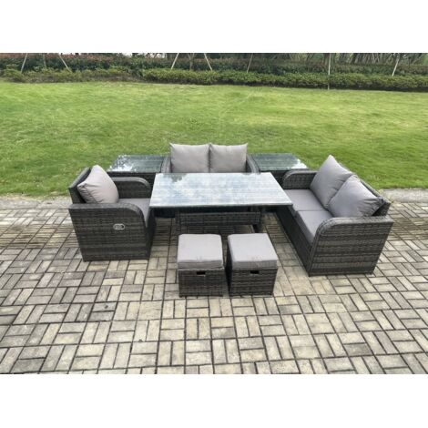 Fimous 7 places Ensemble de canapés de jardin en rotin Table à manger rectangulaire avec Fauteuils 2 Petits repose-pieds 2 Tables d'appoint Gris foncé mélangé