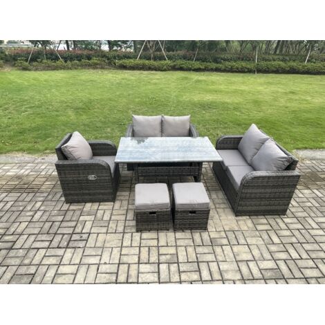 Fimous 7 places Ensemble de canapés de jardin en rotin Table à manger rectangulaire avec Fauteuils Tabourets Gris foncé mélangé