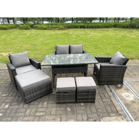 Fimous 7 places Ensemble de canapés en rotin à dossier haut gris mélangé avec table à manger et mobilier de jardin