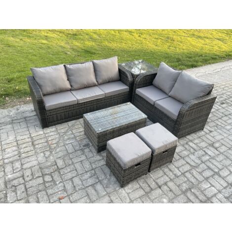 Fimous 7 places Ensemble de Meubles de Jardin avec Table basse rectangulaire Canapé 3 places Canapé d'amour 2 Petits tabourets Table d'appoint