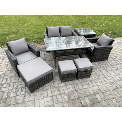 Fimous 7 places Ensemble de meubles de jardin en polyrotin avec Table à manger rectangulaire Canapé avec 3 Repose-pieds Table d'appoint