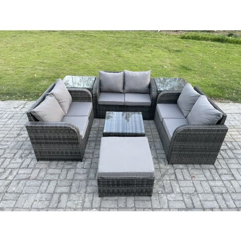 Fimous 7 places Ensemble de meubles de jardin en rotin avec Table basse carrée Love Sofa grand tabouret 2 Tables d'appoint