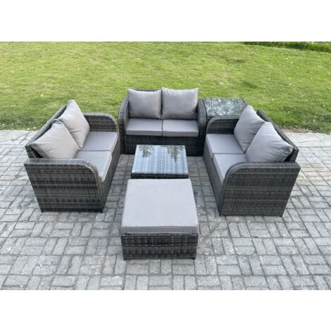 Fimous 7 places Ensemble de meubles de jardin en rotin avec Table basse carrée Love Sofa grand tabouret Tables d'appoint