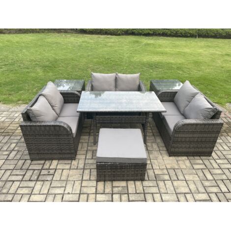 Fimous 7 places Ensemble de meubles de jardin en rotin d'extérieur avec Table à manger rectangulaire canapé deux places 2 Tables d'appoint Grands Tabouret Gris foncé mélangé