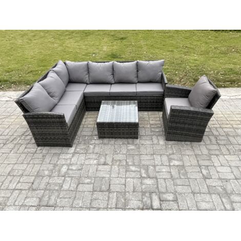 Fimous 7 places Ensemble de meubles de jardin en rotin Ensemble canapé d'angle aus Polyrattan avec Table basse carrée  Fauteuils Gris foncé mélangé