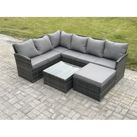 Fimous 7 places Ensemble de meubles de jardin en rotin Ensemble canapé d'angle aus Polyrattan avec Table basse carrée  Grands Tabouret Gris foncé mélangé