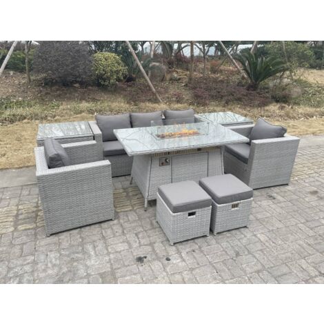 Fimous 7 places Ensemble de meubles de jardin en rotin ensemble Table de foyer à gaz canapé ave 2 Fauteuil 2 Table d'appoint 2 Petit Tabourets Gris Clair