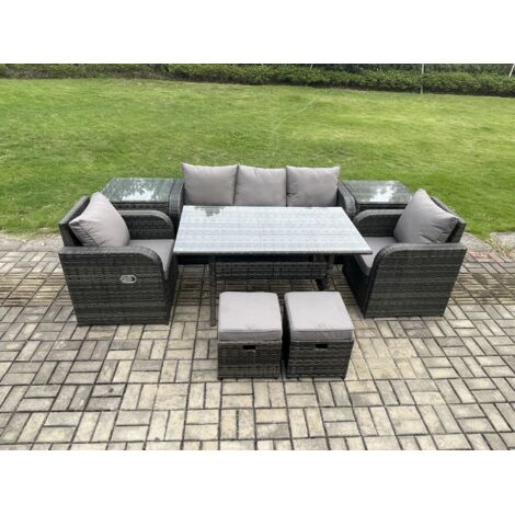 Fimous 7 places Ensemble de meubles de jardin en rotin Table à manger rectangulaire et Fauteuil Canapé avec 2 Tables d'appoint 2 Petits repose-pieds Gris foncé mélangé