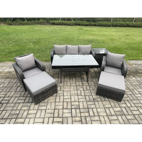 Fimous 7 places Ensemble de meubles de jardin en rotin Table à manger rectangulaire et Fauteuil Canapé avec Table d'appoint 2 Grands Tabourets Gris foncé mélangé
