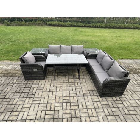 Fimous 7 places Ensemble de meubles de jardin en rotin  Table à manger rectangulaire et Fauteuils avec Canapé 3 places 2 Tables d'appoint Gris foncé mélangé
