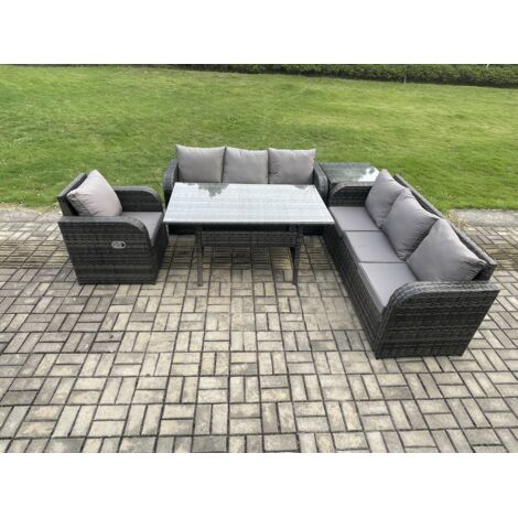Fimous 7 places Ensemble de meubles de jardin en rotin  Table à manger rectangulaire et Fauteuils avec Canapé 3 places Table d'appointen Gris foncé mélangé