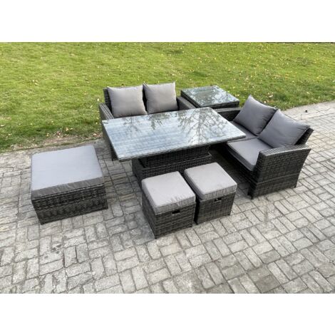 Fimous 7 Places Ensemble de meubles de jardin en rotin Table à manger réglable en hauteur ave Table d'appoint 3 Tabouret Canapé deux places Table d'appoint Gris foncé
