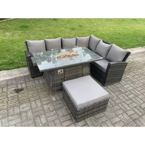 Fimous 7 Places Extérieur Haut Dos Rotin Gaz Foyer Coin Canapé Vaisselle Meubles De Jardin Chauffage Table À Manger Gris Foncé Mixte Droite