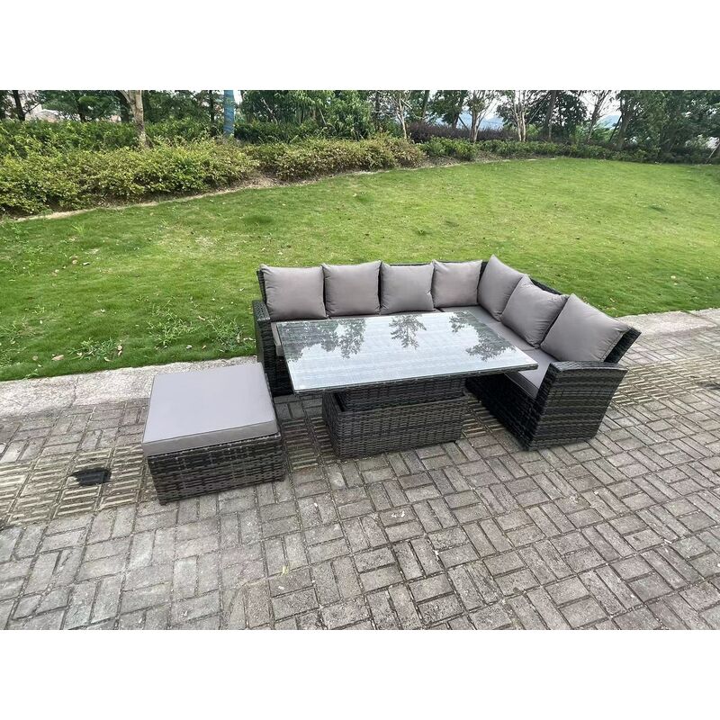 7 Places Extérieur Rotin Haut Dossier Réglable Ascenseur Table à Manger Coin Canapé Set Mobilier De Jardin Gris Foncé Mixte Main Droite - Fimous