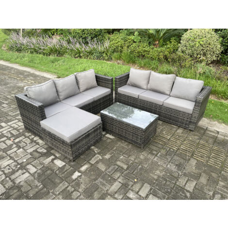Fimous 7 places Meubles de Jardin en rotin avec Table basse grand tabouret Mélange gris foncé