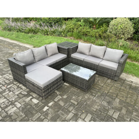 Fimous 7 places Meubles de Jardin en rotin avec Table basse Tables d'appoint grand tabouret Mélange gris foncé