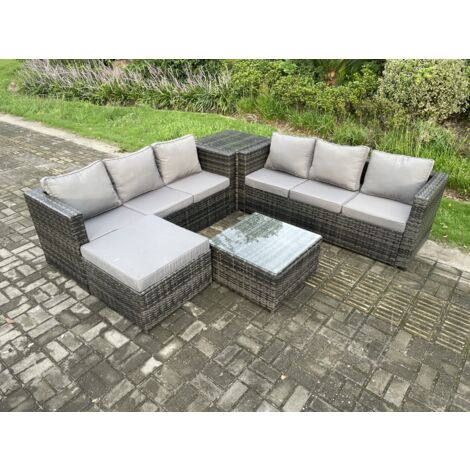 Fimous 7 places Mobilier de jardin extérieur en rotin avec Tables d'appoint Table basse carrée grand tabouret Mélange gris foncé