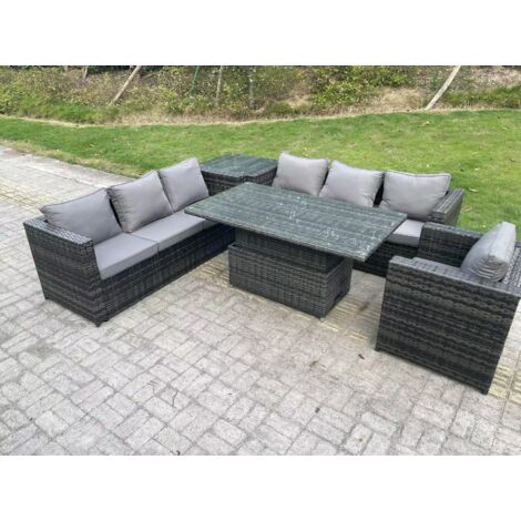 Fimous 7 Places Osier Pe Meubles De Jardin Canapé En Rotin Ensemble Table À Manger Réglable En Plein Air Ensemble De Fauteuils Table D'appoint Gris Foncé Mixte