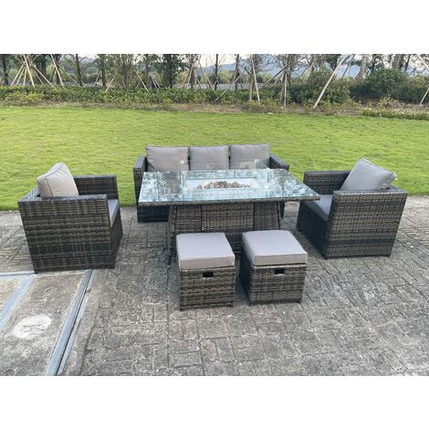 Fimous 7 Places Pe Osier Rotin Meubles De Jardin Foyer À Gaz Table Chauffage À Gaz Set Salon Canapé Set Chaise Tabouret Verre Trempé