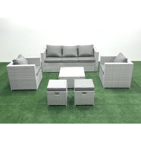 Fimous 7 places Salon de jardin avec Canapé 3 places 2 Chaise Table basse carrée 2 Petits tabourets Gris clair mixte