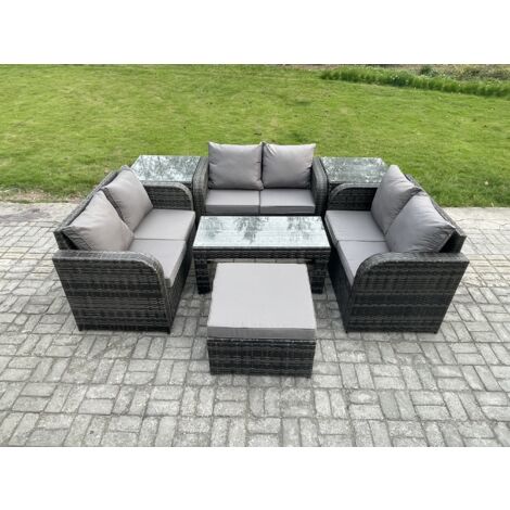 Fimous 7 places Salon de jardin Meubles de jardin avec Table basse Canapé à deux places 2 Tables d'appoint Grand tabouret Gris foncé mixte