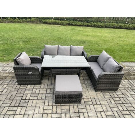 Fimous 7 places Salon de Jardin Salou en polyrotin avec Fauteuil Inclinable Grands Tabouret Gris foncé mélangé
