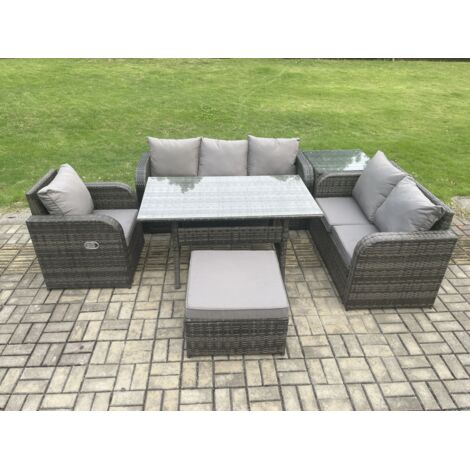 Fimous 7 places Salon de Jardin Salou en polyrotin avec Fauteuil Inclinable Grands Tabouret Table d'appoint Gris foncé mélangé