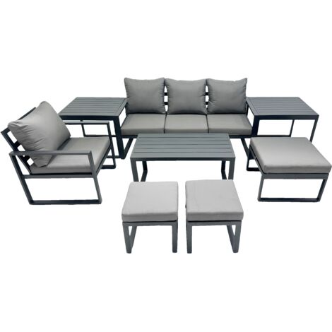 Fimous 7 Seat Outdoor Garden Furniture Set Aluminium Lounge 3 Seat Sofa Oblong Coffee Table Sets with Chair 3 Stools 2 Side Tables Dark Grey