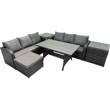 Fimous 7 Seat Outdoor Wicker PE Rattan Garden Furniture Set Dining Table Sofa Set with 2 Side Tables Dark Grey Mixed