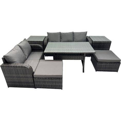 Fimous 7 Seat Outdoor Wicker PE Rattan Garden Furniture Set Dining Table Sofa Sets with 2 Big Stools 2 Side Tables Dark Grey Mixed