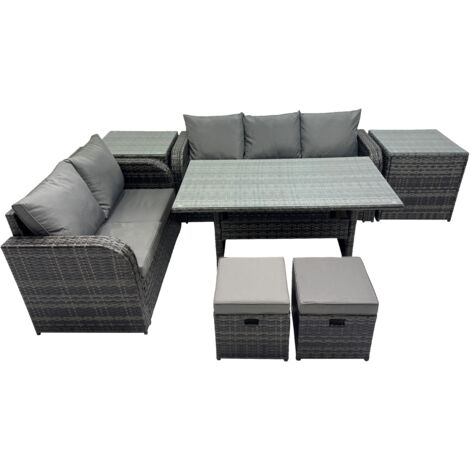 Fimous 7 Seat Outdoor Wicker PE Rattan Garden Furniture Set Dining Table Sofa Sets with 2 Side Tables Small Stool Dark Grey Mixed