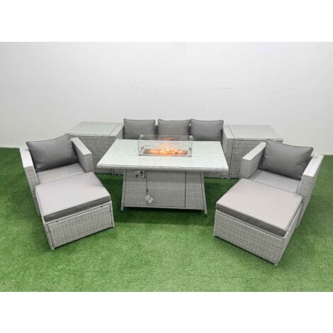 Fimous 7 Seat PE Rattan Lounge Sofa Set Outdoor Garden Furniture Set with Firepit Dining Table 3 Seater Sofa 2 Big Footstools 2 Side Tables Light Grey