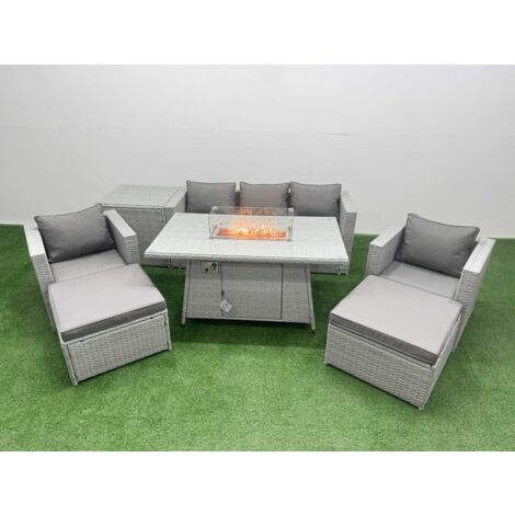 Fimous 7 Seat PE Rattan Lounge Sofa Set Outdoor Garden Furniture Set with Firepit Dining Table 3 Seater Sofa 2 Big Footstools Side Table Light Grey