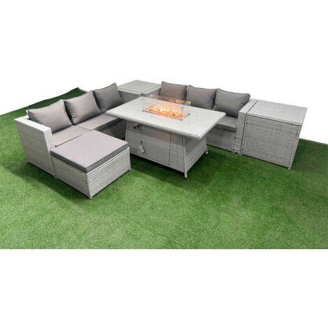 Fimous 7 Seat PE Rattan Lounge Sofa Set Outdoor Garden Furniture Set with Firepit Dining Table 3 Seater Sofa Big Stool 2 Side Tables Light Grey
