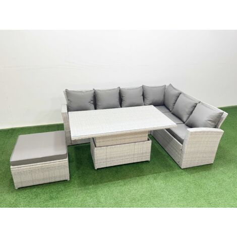 Fimous 7 Seat Rattan Garden Furniture Corner Sofa Set Outdoor Adjustable Lifting Dining or Coffee Table Set with Armchair Big Footstool Light Grey