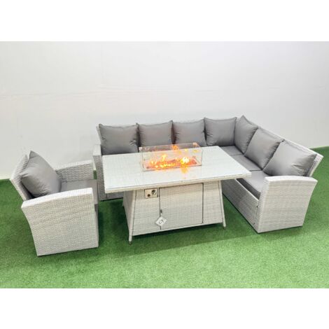 Fimous 7 Seat Rattan Garden Furniture Corner Sofa Set Outdoor Gas Fire Pit Table Set with Armchair Light Grey