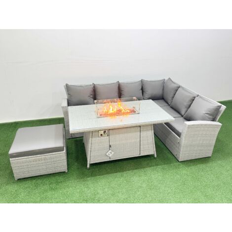 Fimous 7 Seat Rattan Garden Furniture Corner Sofa Set Outdoor Gas Fire Pit Table Set with Big Footstool Light Grey