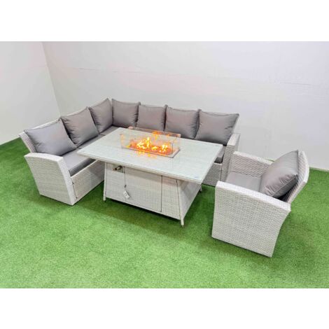 Fimous 7 Seat Rattan Garden Furniture Corner Sofa Set Outdoor Gas Fire Pit Table Sets with Armchair Light Grey