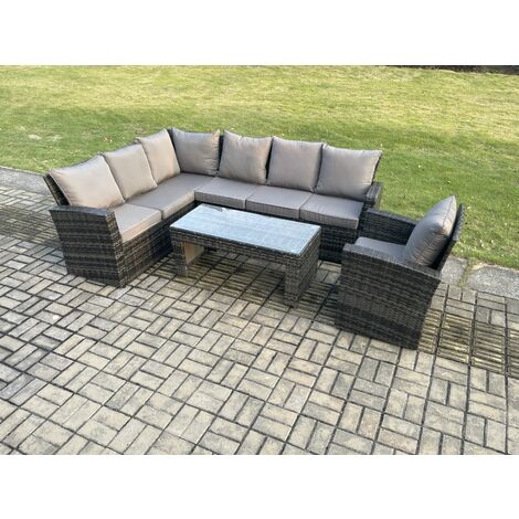 Fimous 7 Seat Rattan Garden Furniture Corner Sofa Set Outdoor Patio Chair Sofa Table Set Dark Grey Mixed