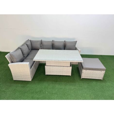 Fimous 7 Seat Rattan Outdoor Garden Furniture Corner Sofa Set Adjustable Lifting Dining or Coffee Table Set with Armchair Big Footstool Light Grey