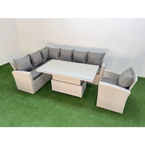 Fimous 7 Seat Rattan Outdoor Garden Furniture Corner Sofa Set Adjustable Lifting Dining or Coffee Table Set with Armchair Light Grey