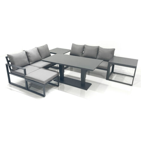 Fimous 7 Seater Aluminium Outdoor Garden Furniture Set with Adjustable Rising Lifting Dining Table 3 Seater Sofa Big Footstool 2 Side Tables Dark Grey