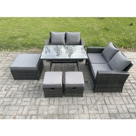 Fimous 7 Seater Garden Dining Set Wicker PE Rattan Outdoor Furniture Sofa with Rectangular Dining Table Double Seat Sofa 3 Footstools Dark Grey Mixed