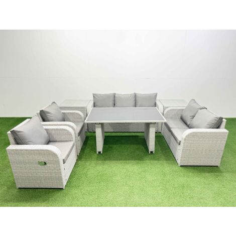 Fimous 7 Seater Garden Furniture Set PE Ratten Garden Sofa Set with Rectangular Dining Table 2 Side Tables Light Grey