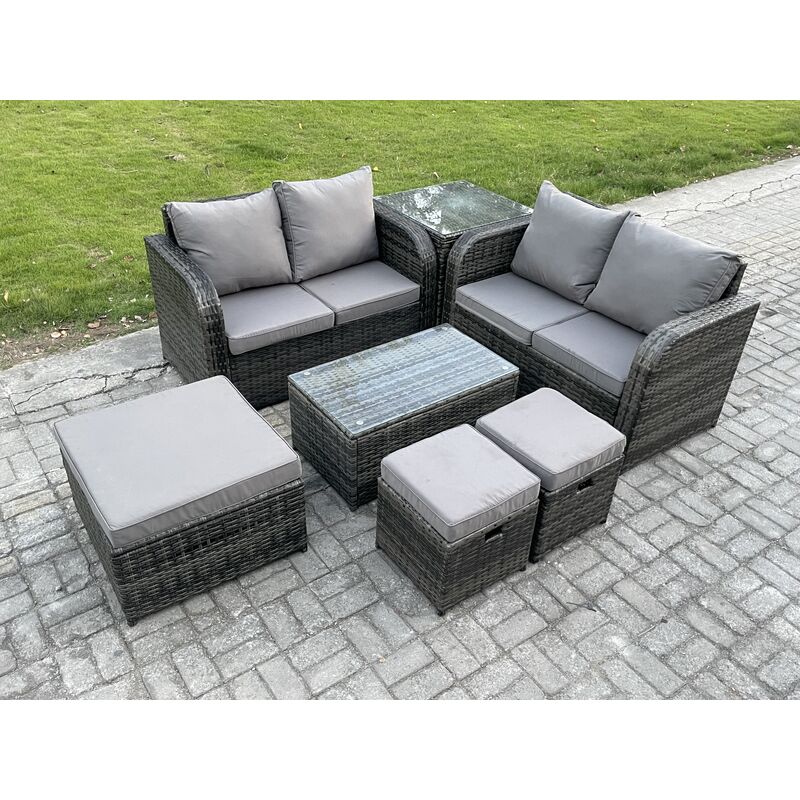 7 Seater Garden Furniture Set Rattan Outdoor Lounge Sofa Chair With Tempered Glass Table 3 Footstools Side Table Dark Grey Mixed - Fimous