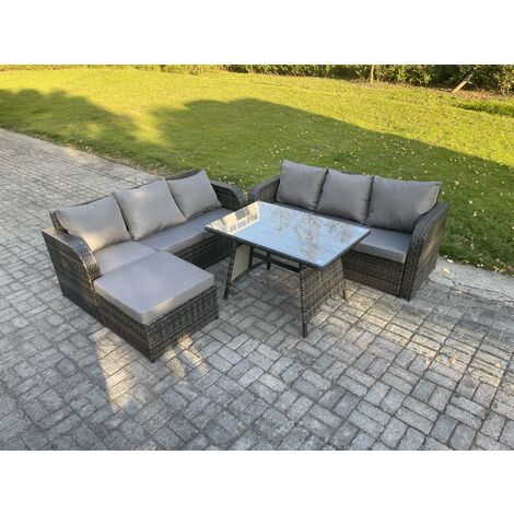 Fimous 7 Seater Garden Furniture Sofa Set Rectangular Dining Table Big Footstool Indoor Outdoor Rattan Set Dark Grey Mixed