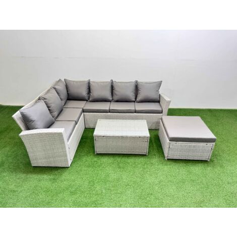 Fimous 7 Seater Garden Outdoor PE Rattan Furniture Set Rattan Garden Sofa Set with Oblong Coffee Table Light Grey Mixed