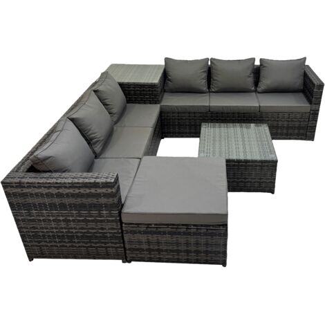 Fimous 7 Seater Garden Outdoor Rattan Furniture Set Patio Corner Sofa Coffee Table with Big Stool Dark Grey